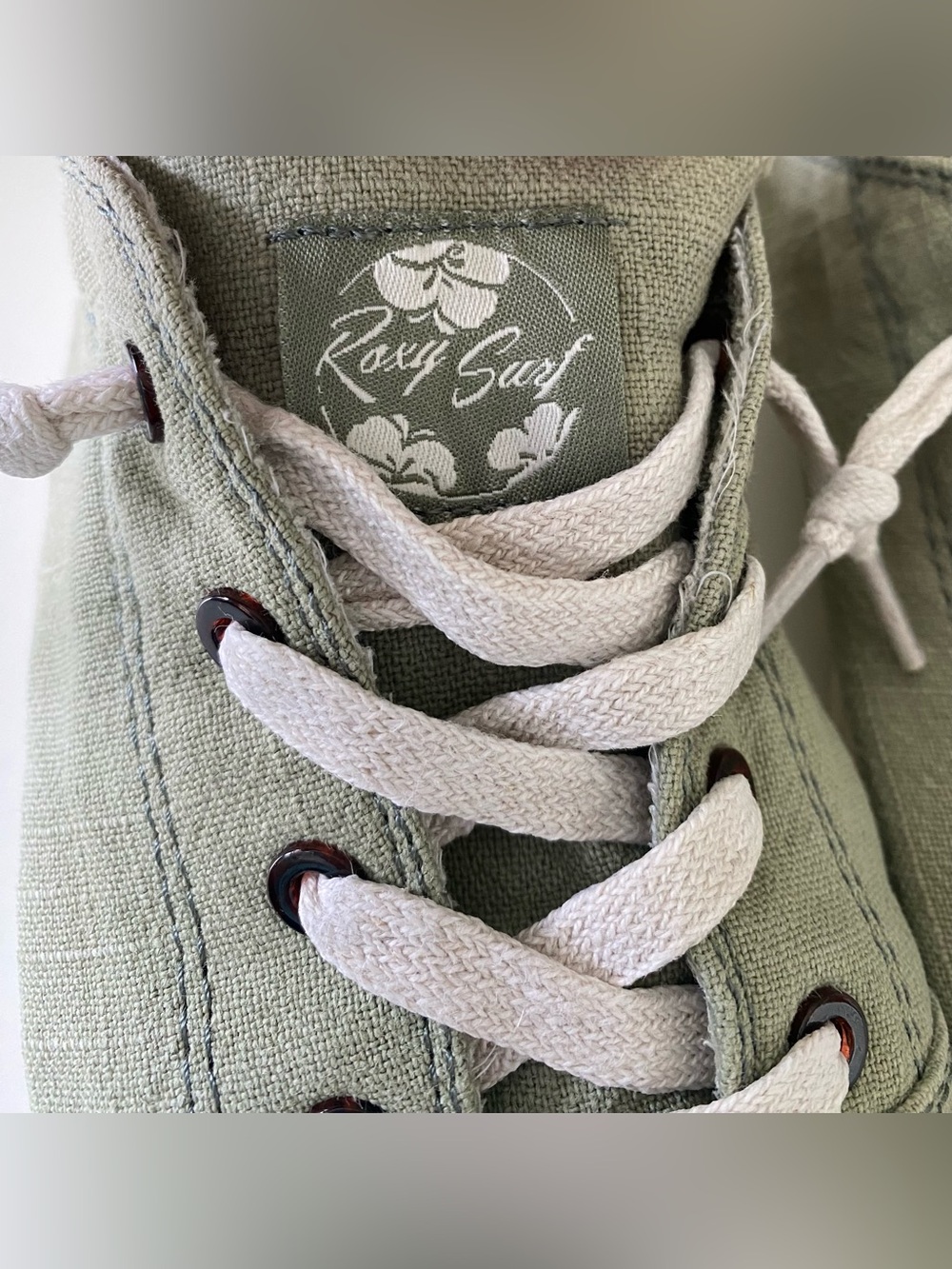 Woman’s Roxy Sage Green Canvas Slip-On Shoe with Cream Laces